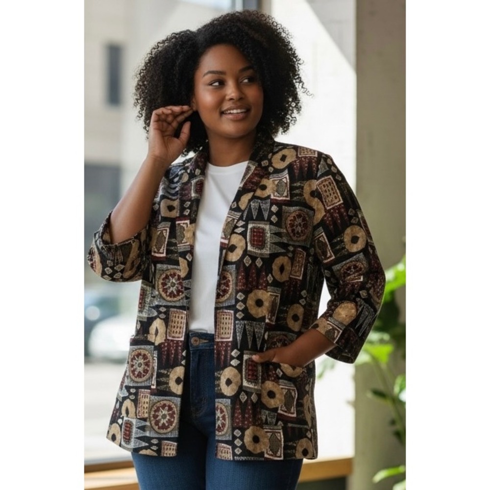 Vintage KENSINGTON SQUARE Petite Tapestry Print Open Front Blazer Women P L